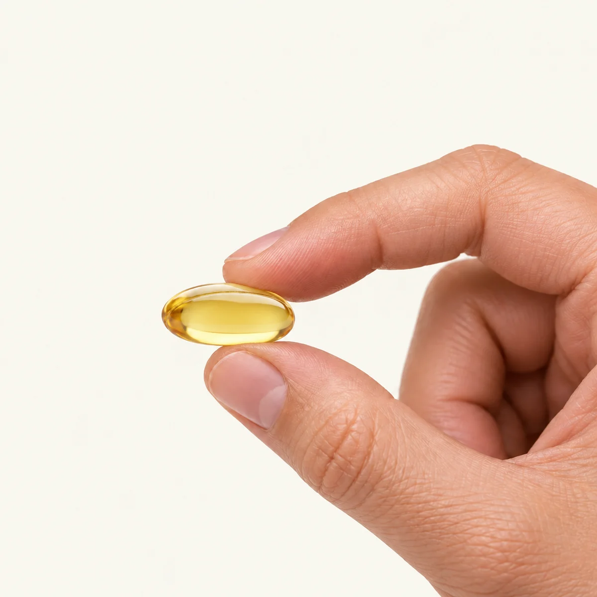 Odorless Garlic Oil dosage form held between fingertips