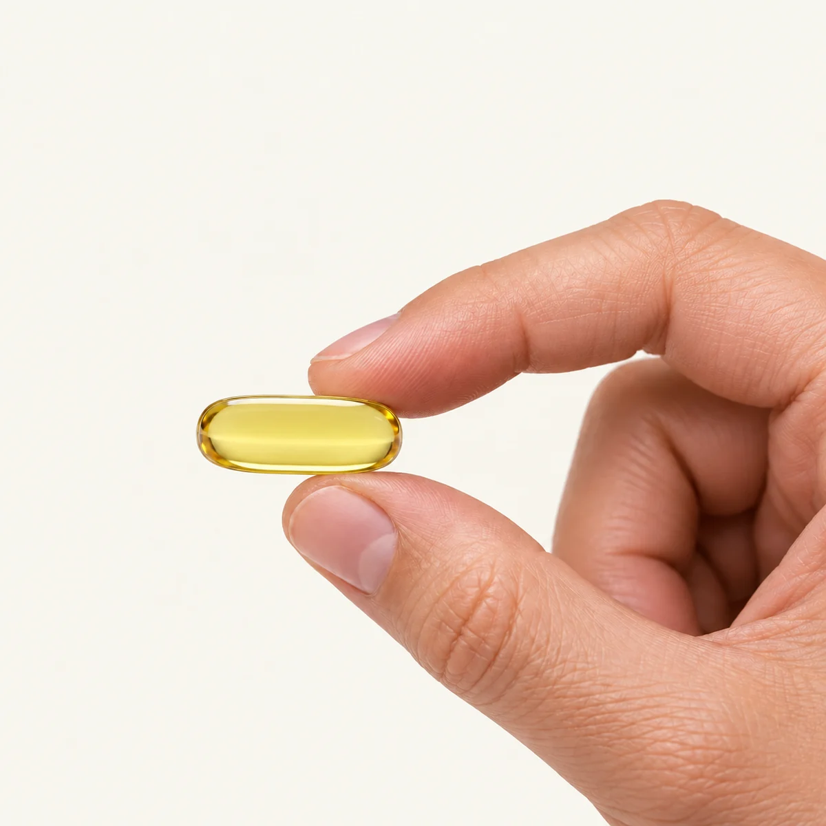 Mega Omega 3 dosage form held between fingertips