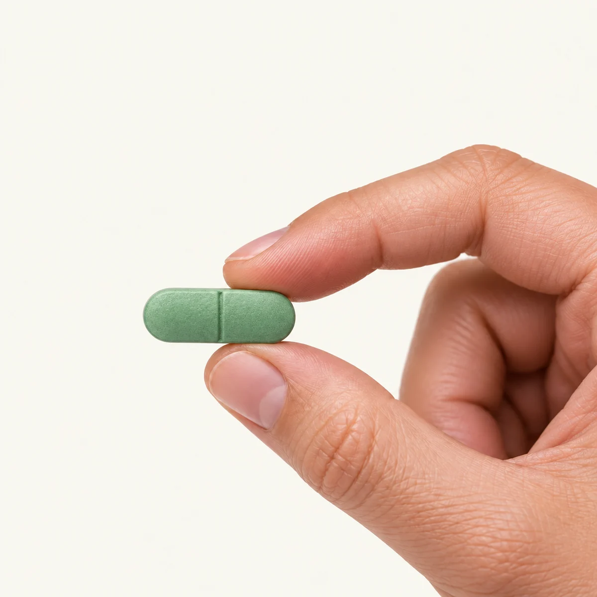 Calcium + Vitamin D3 dosage form held between fingertips