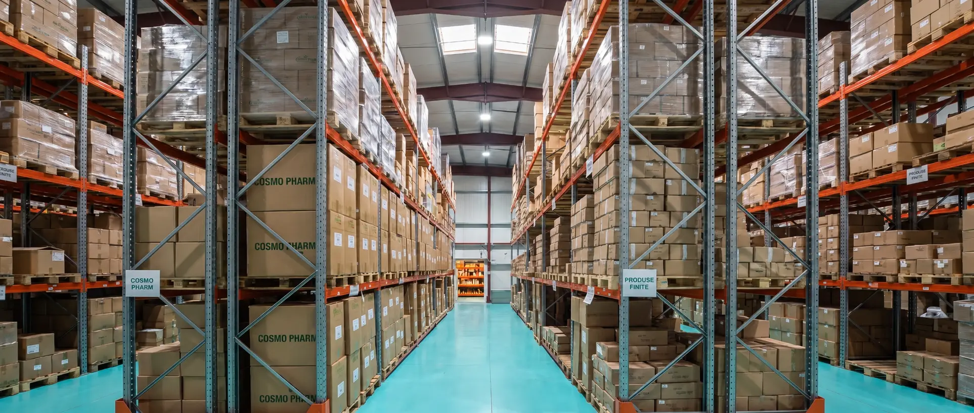 Organised storage aisles at Cosmo Pharm